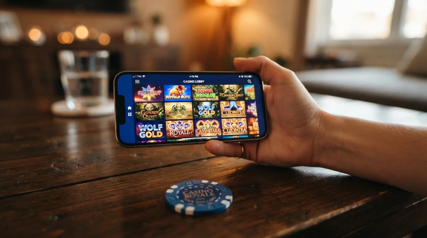 A hand holding a smartphone in landscape orientation showing a casino game lobby with pokie thumbnails, with an Australian $5 note resting under the phone