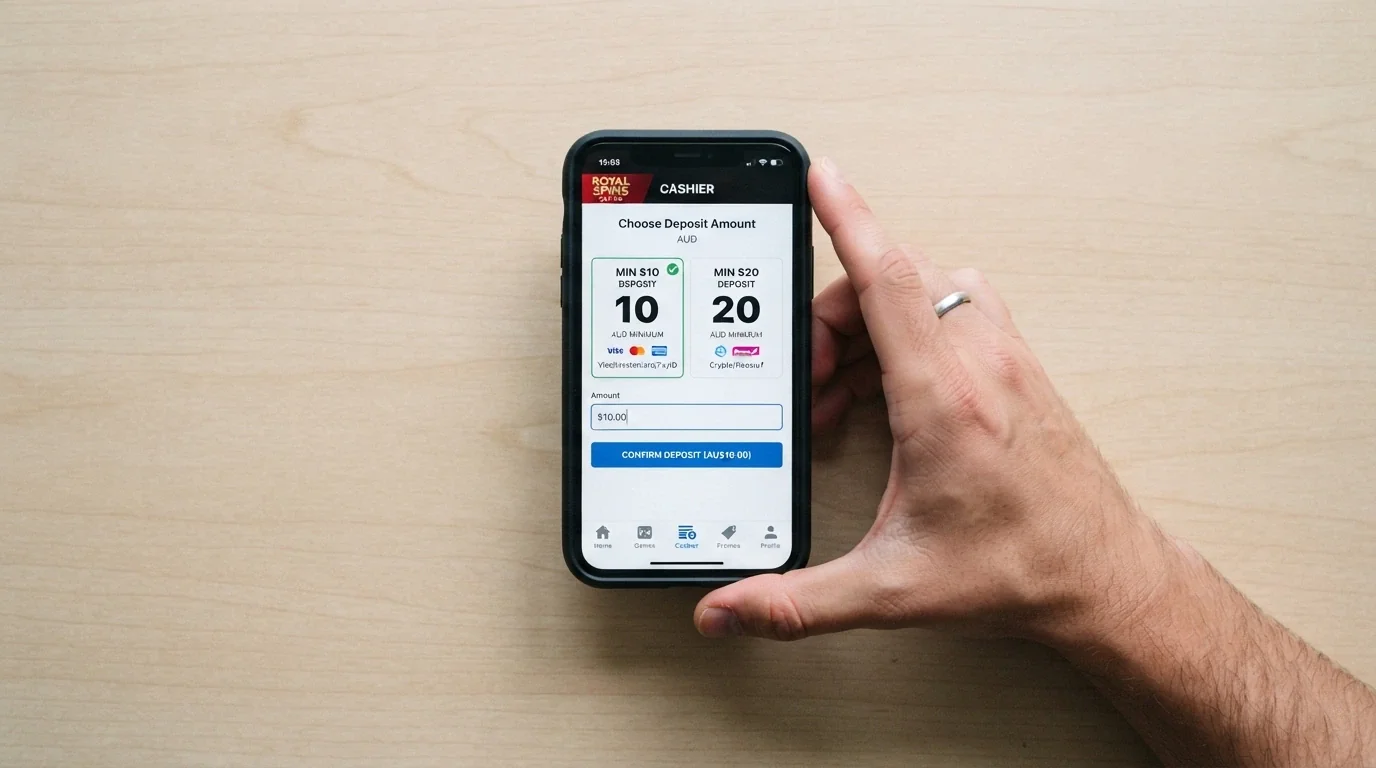 A hand holding a smartphone with a casino deposit screen open, showing PayID and card options with A$10 and A$20 minimum deposit amounts
