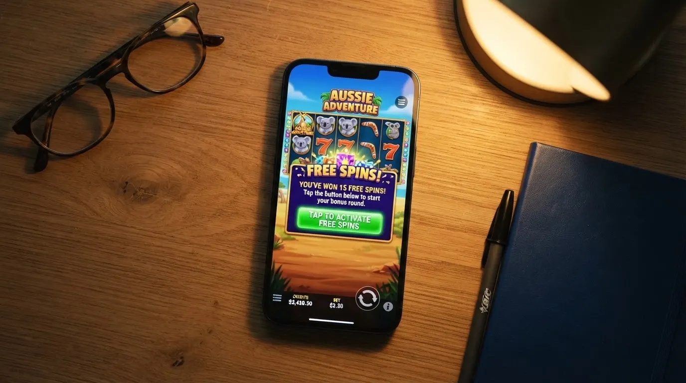 A smartphone screen displaying a casino pokies game with a free spins activation pop-up
