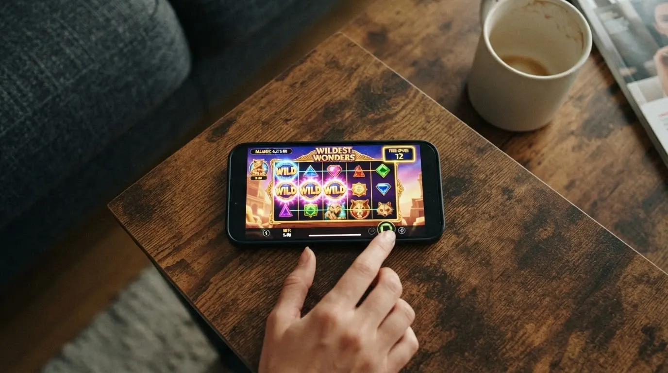 A hand holding a smartphone in landscape orientation showing a colourful pokie game with a free-spins counter visible