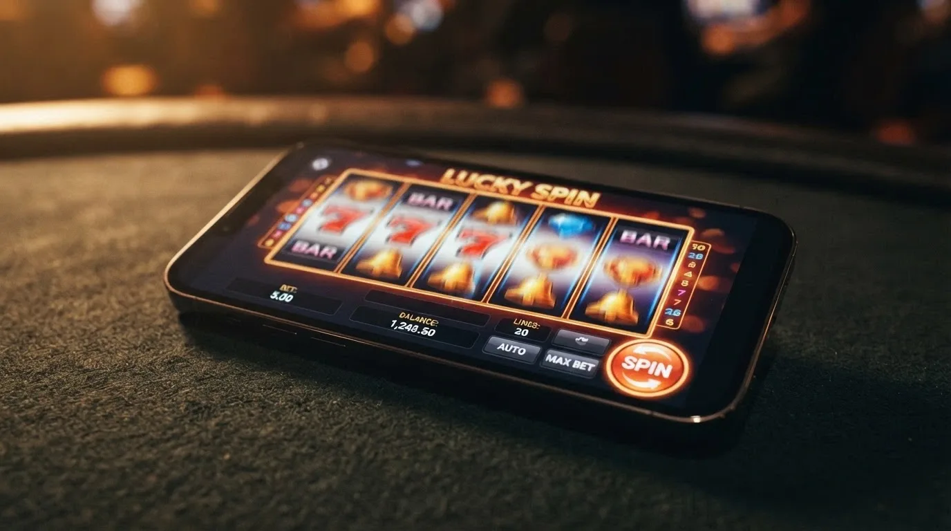 A five-reel video pokies title mid-spin on a smartphone, reels blurred in motion, the spin button and bet controls visible at the bottom