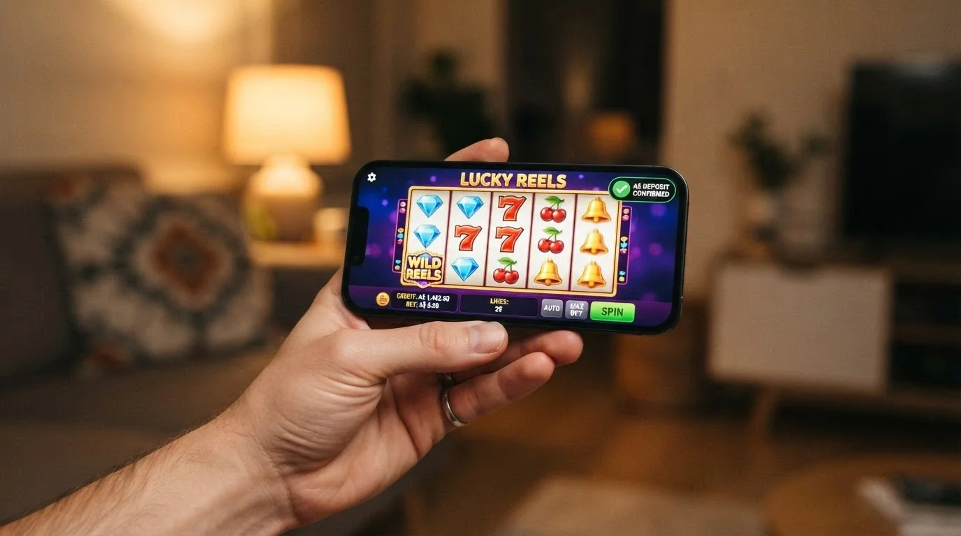 A hand holding a smartphone in landscape orientation with a pokies game on screen, overlaid with a PayID deposit confirmation
