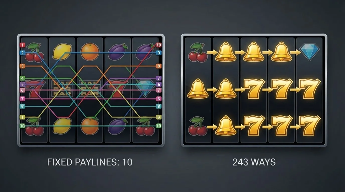A side-by-side comparison of a fixed-payline grid and a 243-ways-to-win diagram with winning paths highlighted