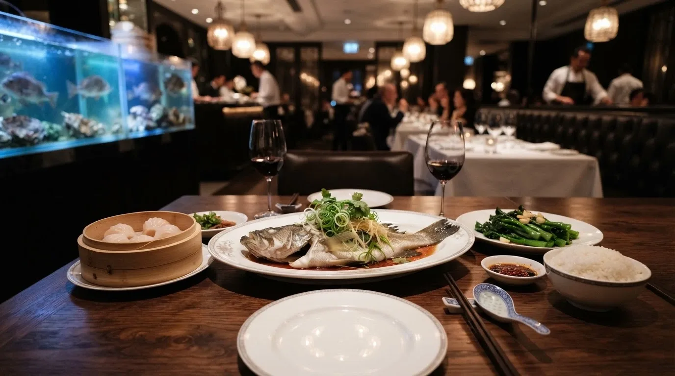 Plated Chinese banquet dish with live seafood on display, elegant restaurant interior at natural nine