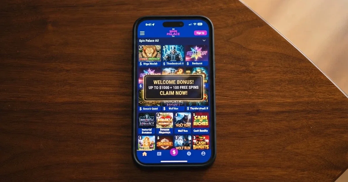 A smartphone screen displaying a colourful online casino lobby with a no deposit bonus pop-up notification, Australian dollar symbols visible on the game tiles