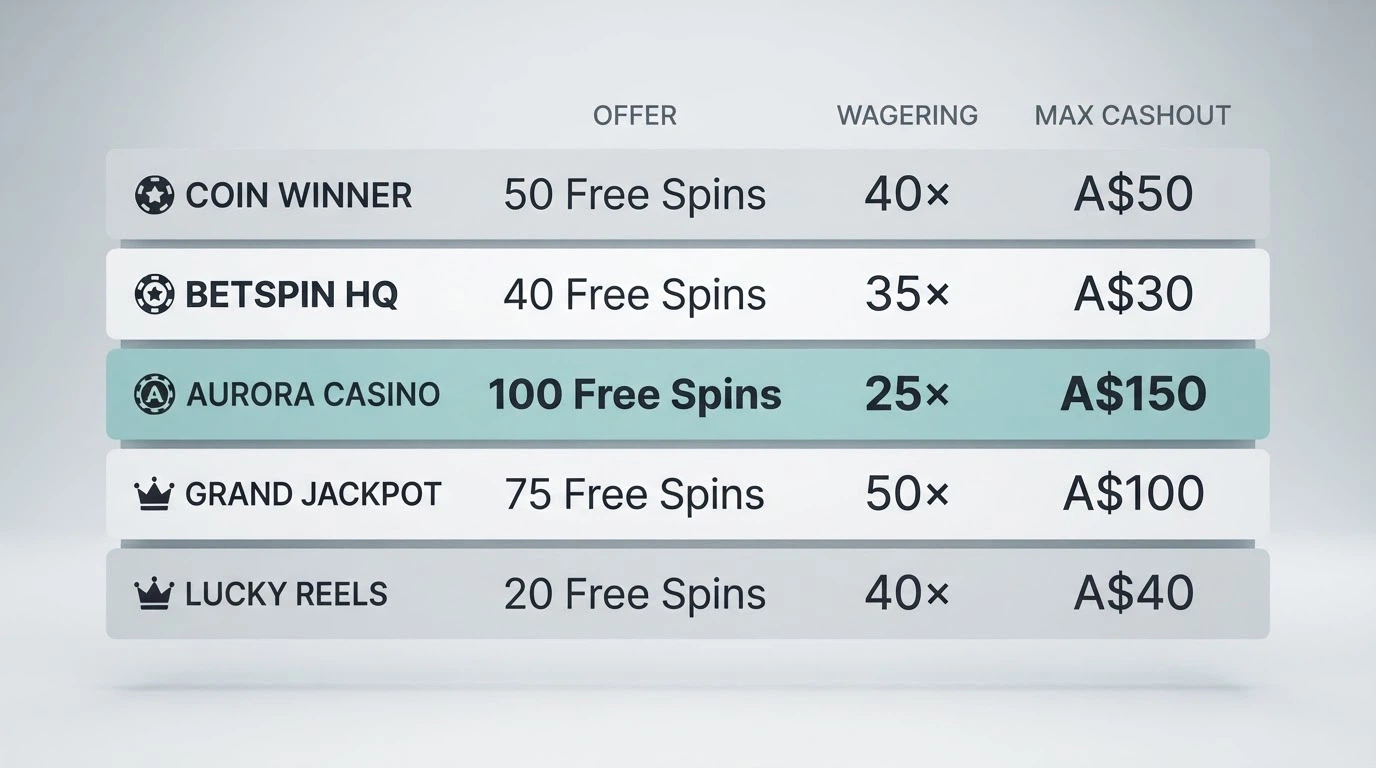 A comparison table layout with five offshore casino names, their no deposit bonus offers, wagering multiples and maximum cashout caps listed in Australian dollars