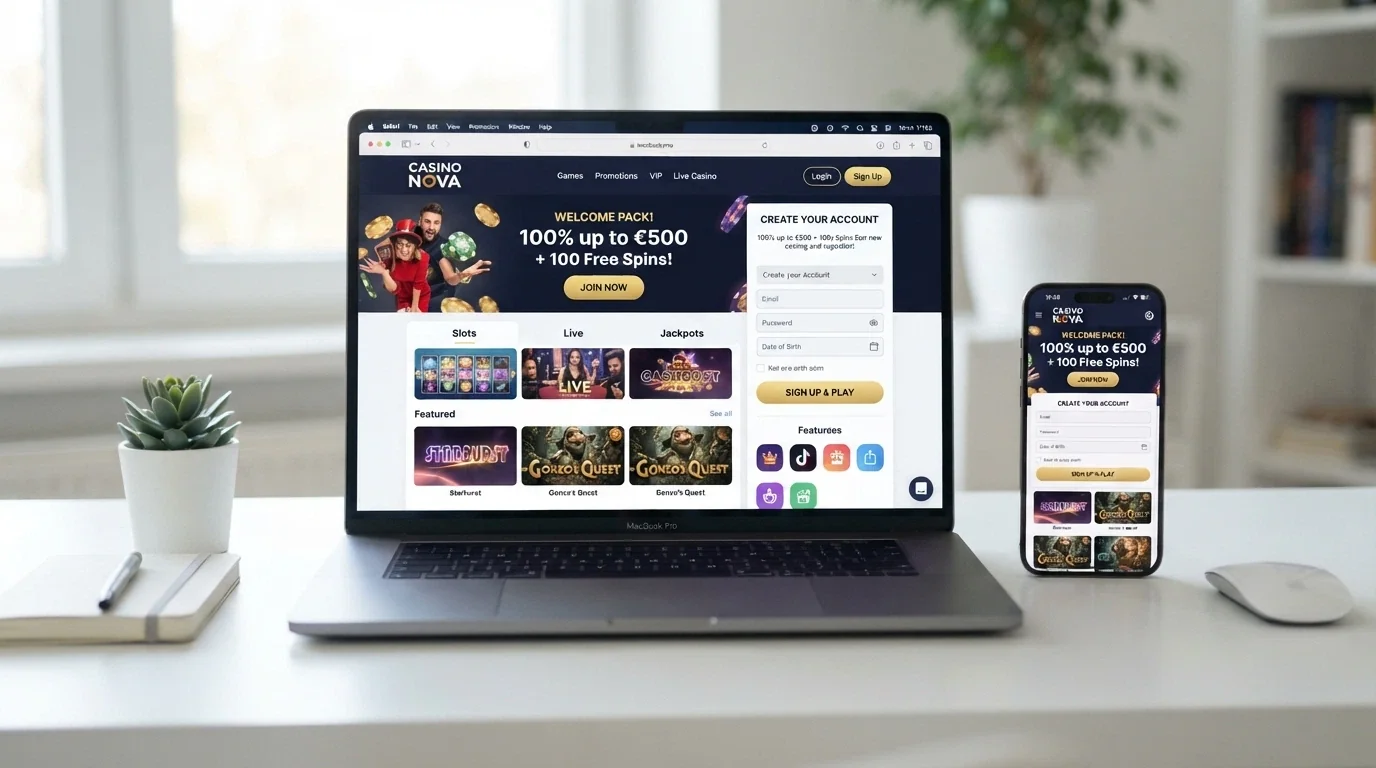 A freshly launched online casino homepage with a sign-up offer badge and a modern mobile-responsive interface design