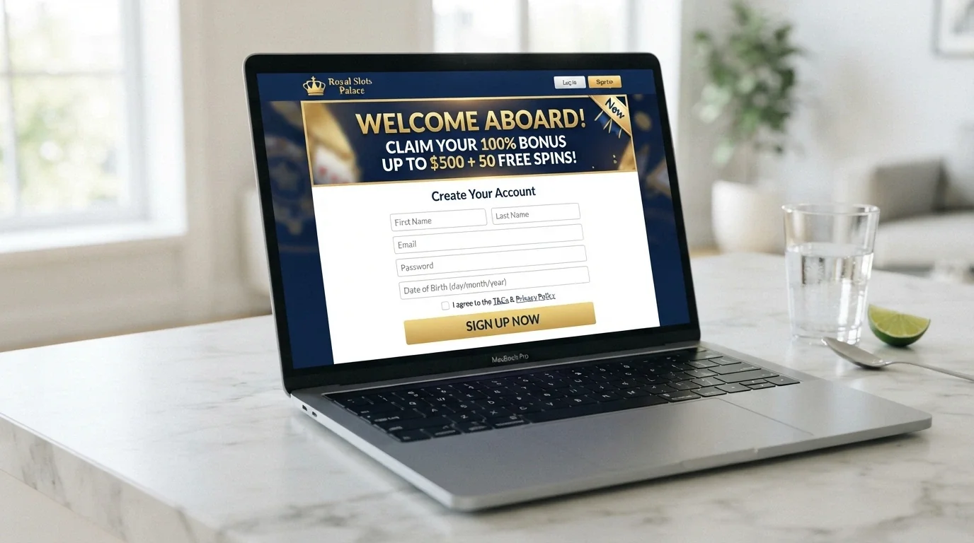 A bright, modern casino registration page with a “Welcome Bonus” banner and a recent-launch badge, viewed on a laptop