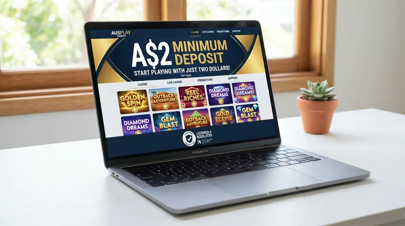 A browser window showing a newly launched casino homepage with a Curaçao licence badge in the footer and a A$2 minimum deposit banner