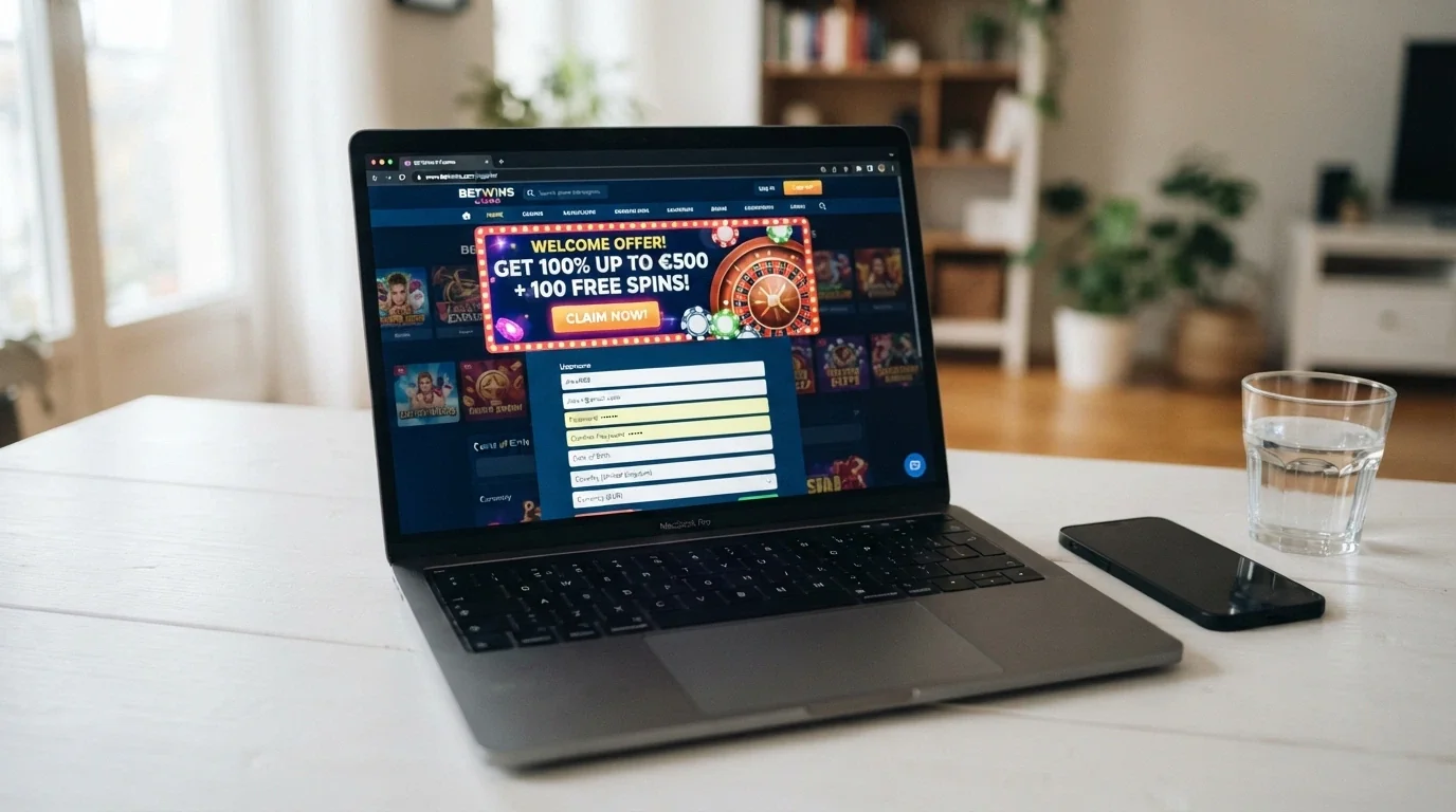 A fresh casino landing page with a prominent sign-up bonus banner, the registration form partly filled, on a laptop screen