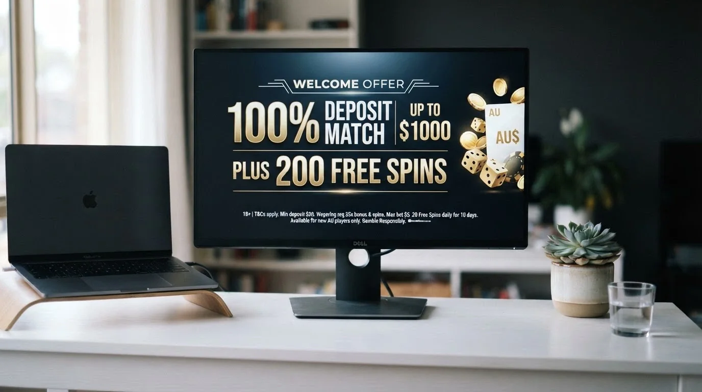 A welcome-offer banner on a casino site displaying a match-percentage figure and free-spin count with terms in small print below