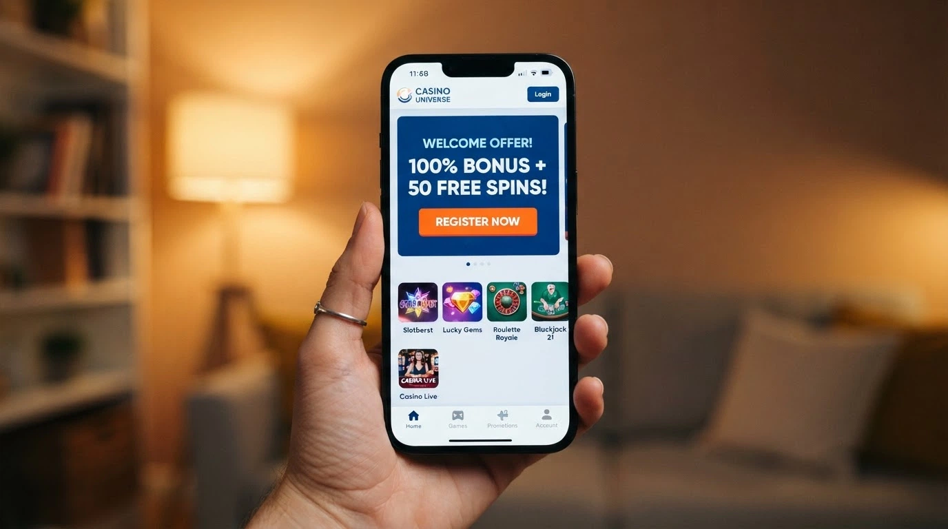 A mobile phone showing a freshly launched casino homepage with a “Welcome — 100 Free Spins” hero banner and a registration button