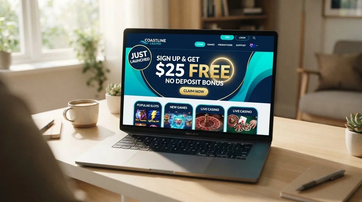 A freshly designed casino homepage with a prominent Just Launched badge and a no deposit bonus banner