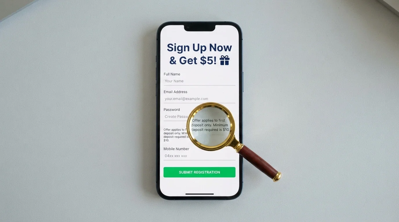 A smartphone showing a casino registration form with AU$5 displayed as the advertised minimum, overlaid with a magnifying glass highlighting the payment processor's AU$10 floor in the fine print below