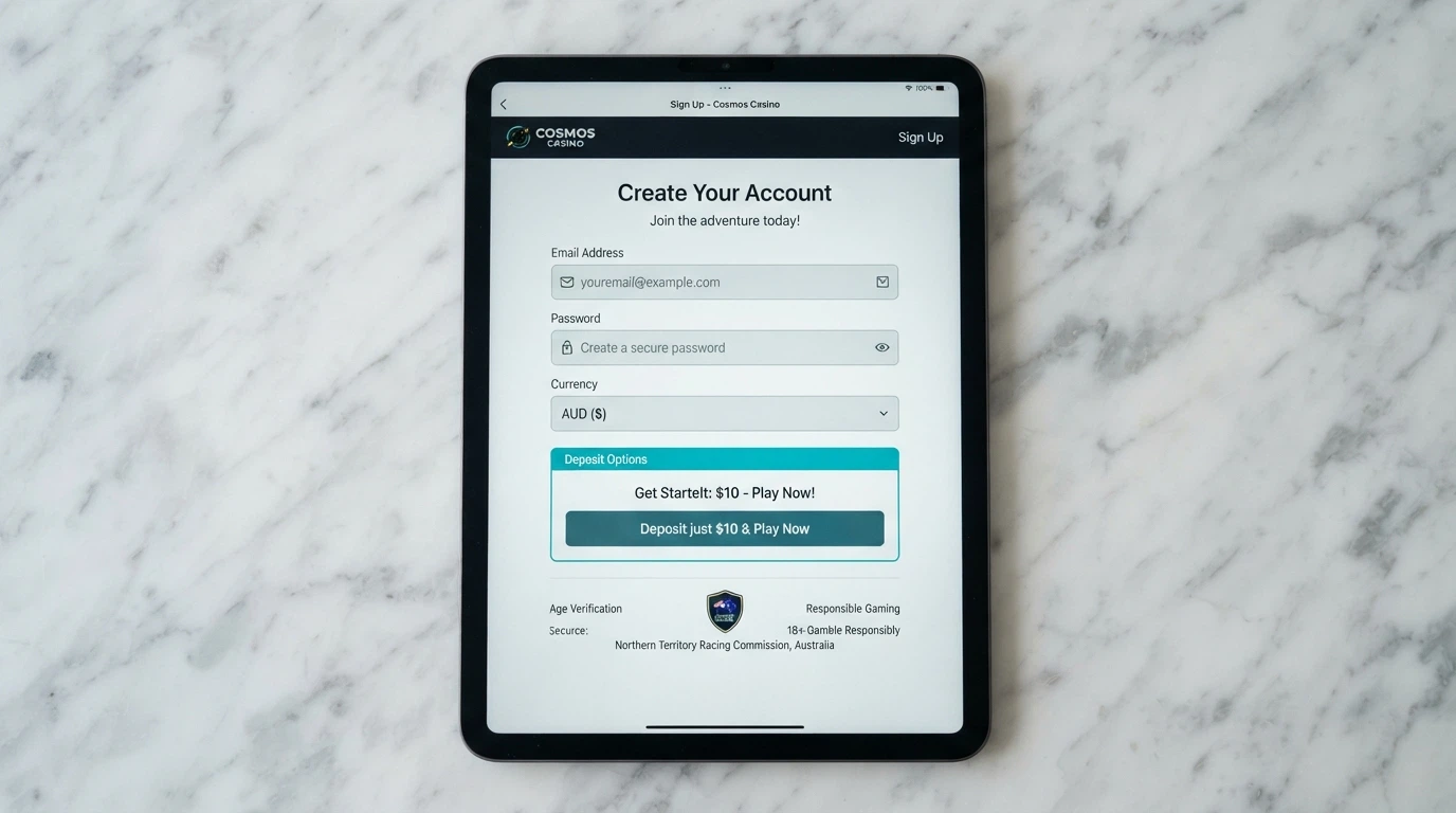 A sleek registration form on a recently launched casino website with a low-deposit option highlighted and a licence badge in the footer
