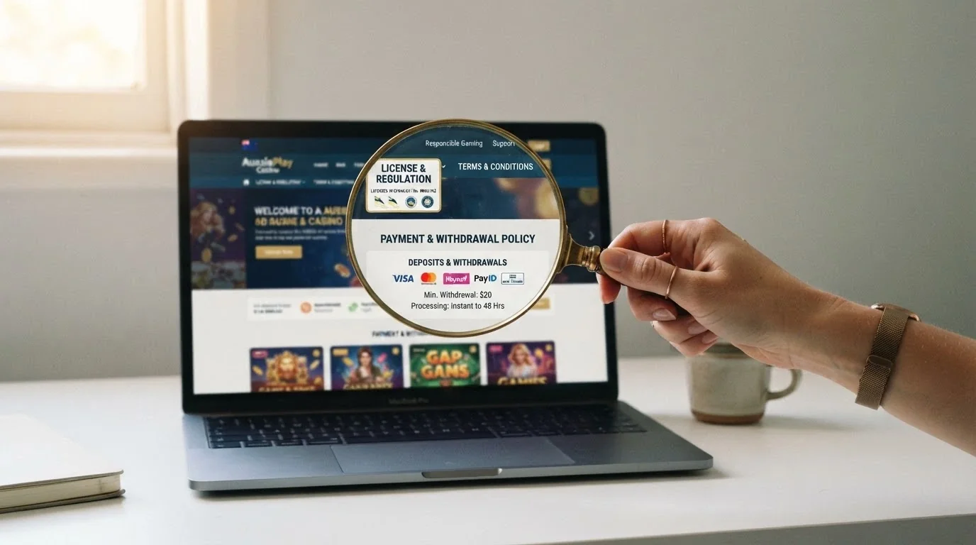 A magnifying glass over a casino homepage with licence badge, terms link and withdrawal policy highlighted