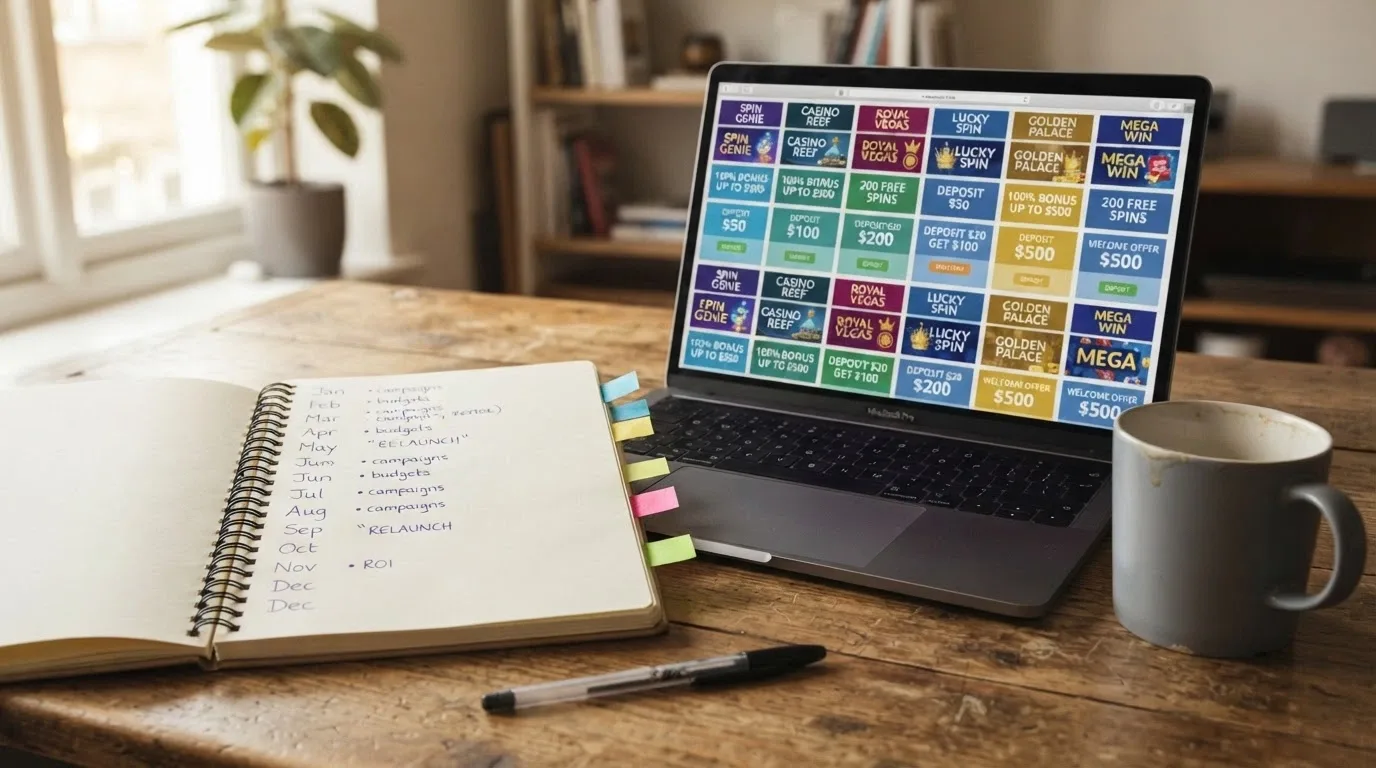 A calendar marked with recent months beside casino brand logos on a laptop screen