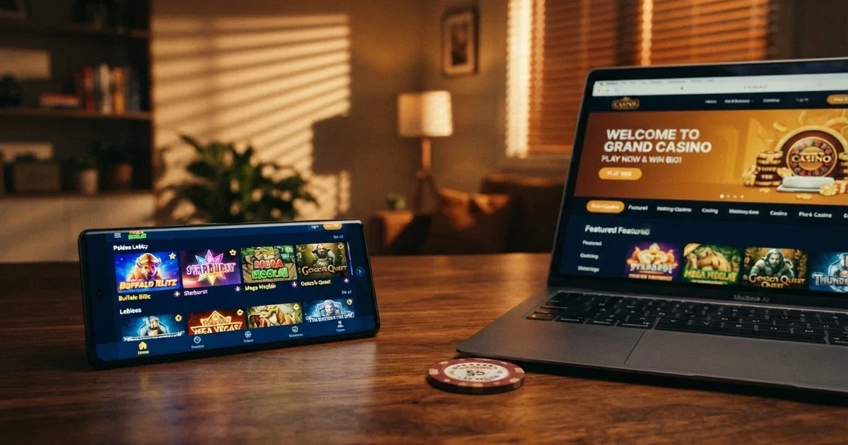 A collage of recent online casino screenshots and a mobile phone showing a pokies lobby