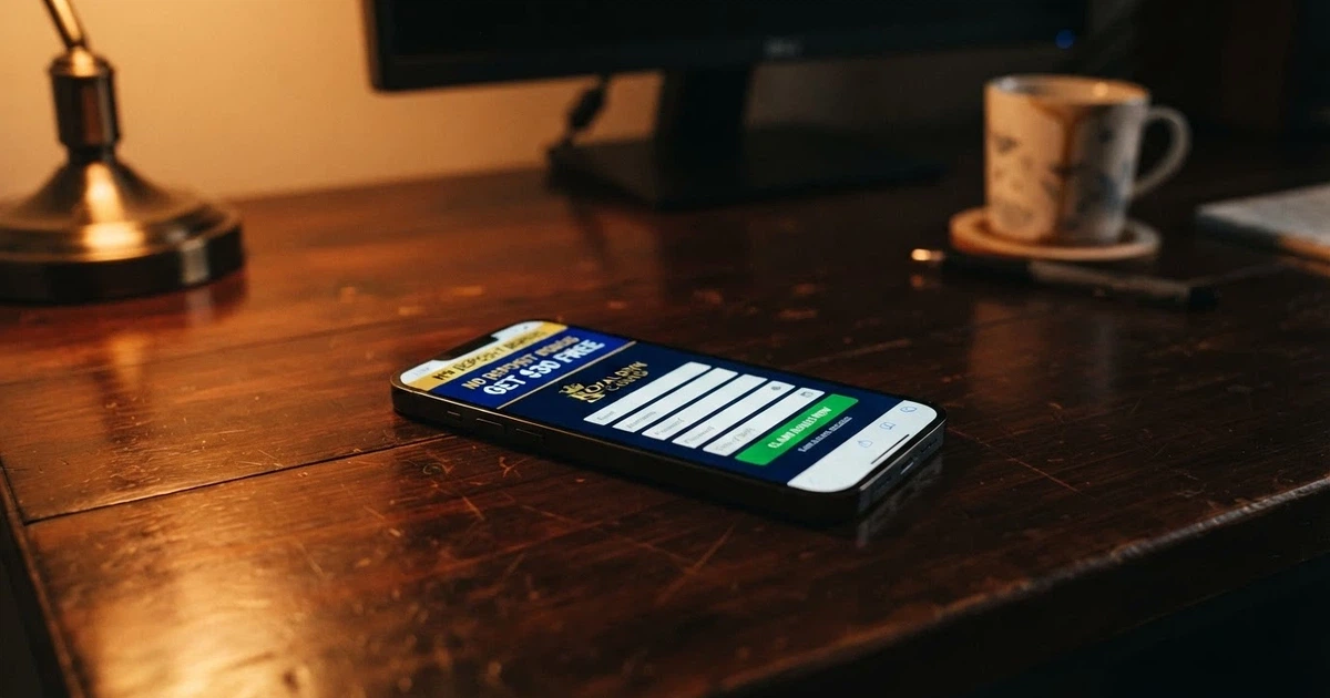 A smartphone screen showing a casino sign-up form with a no deposit bonus banner and a dollar amount displayed in Australian currency