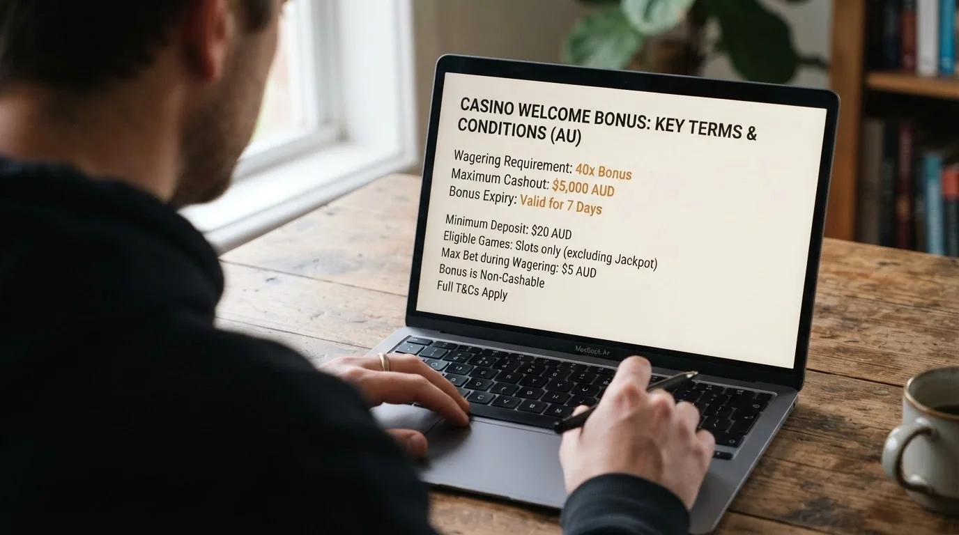 A close-up of a casino bonus terms window with wagering and cashout lines highlighted