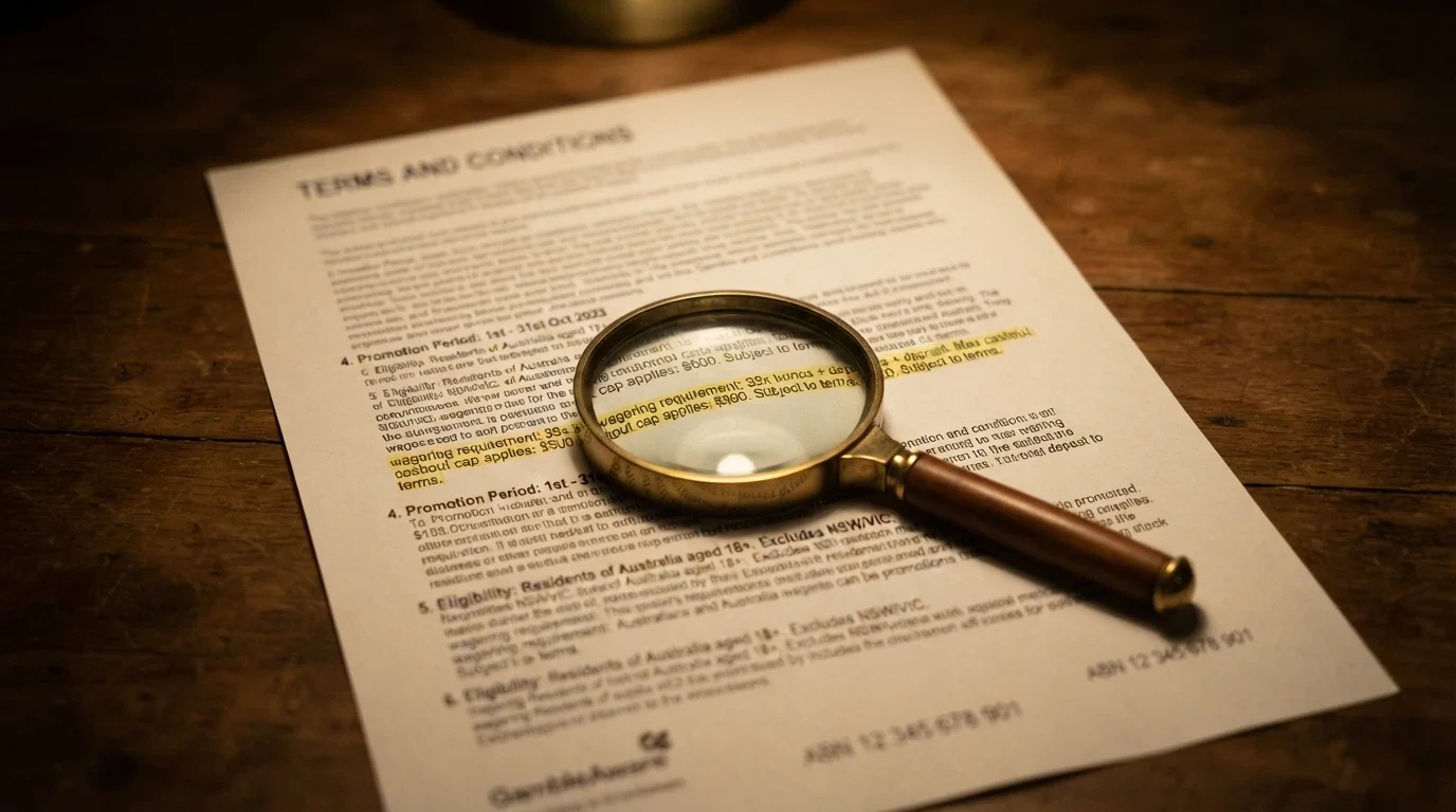 A magnifying glass over the fine-print terms of a no-deposit bonus offer, highlighting the wagering multiple and cashout cap