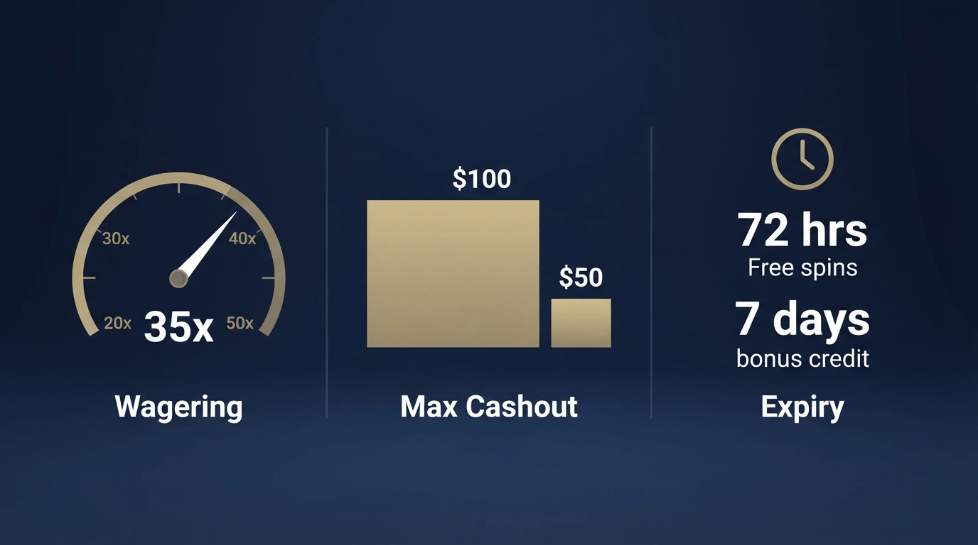 A graphic breaking down a $5 no-deposit bonus into its three constraints: wagering multiple, withdrawal cap and expiry clock