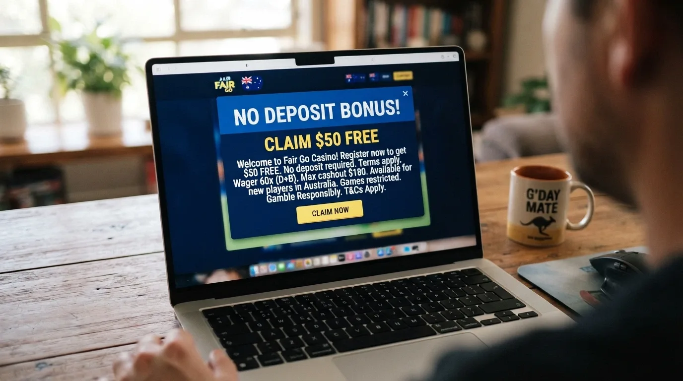A casino promotion popup with a large “NO DEPOSIT” headline and the terms and conditions in smaller text beneath it