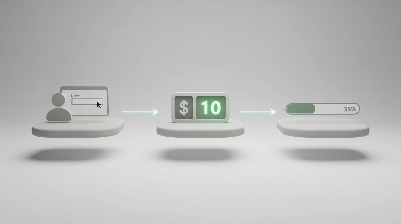 A three-step visual showing sign-up, bonus credit appearing in the balance, and the wagering progress bar partially filled