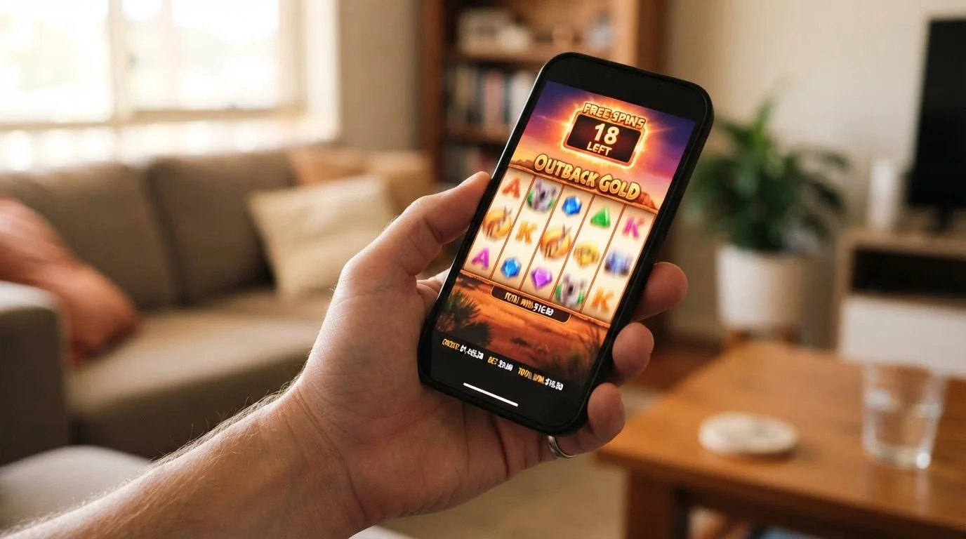 A mobile pokies screen mid-spin with a free-spins counter visible in the corner