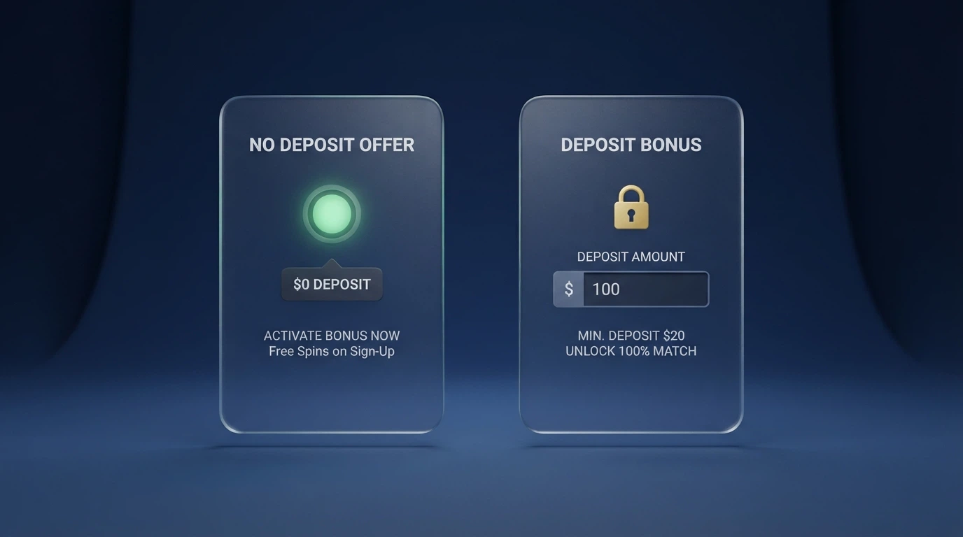 Side-by-side comparison screen showing a no-deposit free spin claim button and a deposit-gated welcome bonus form
