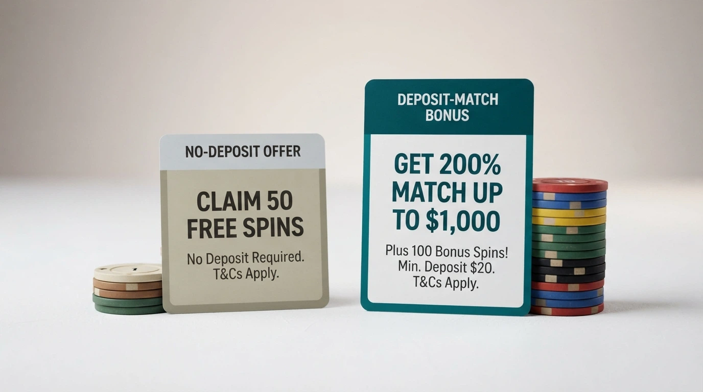 Two offer cards side by side — one labelled No Deposit with a small coin stack, the other labelled Deposit Match with a much larger stack of Australian dollars