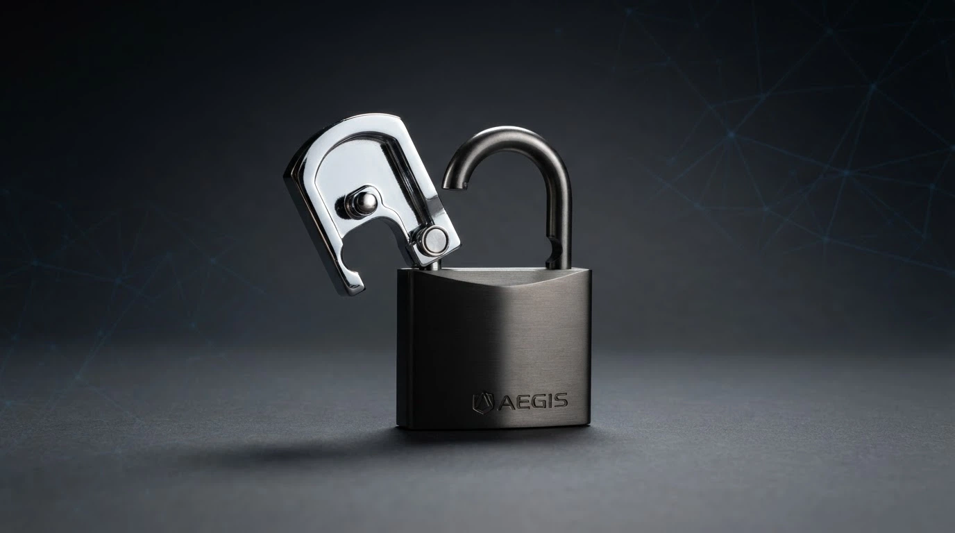 A masked padlock icon with half of it open and half locked, on a dark privacy-themed background