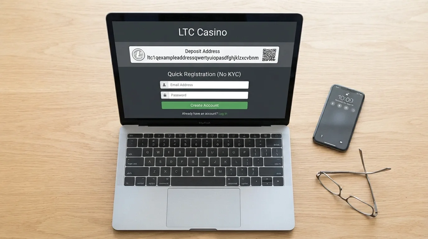 A casino sign-up form with only an email field and a password field — no ID upload prompt visible, with a LTC deposit-address banner above.