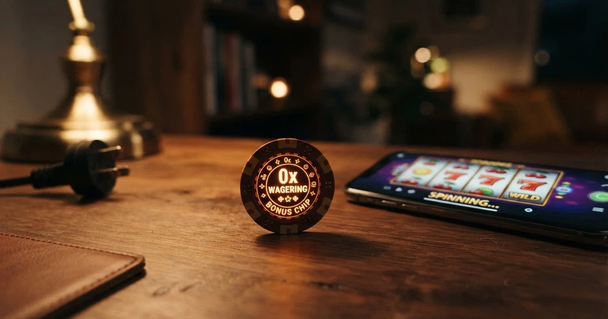 A digital illustration of a casino bonus chip with the text “0x Wagering” glowing on its surface, sitting on a desk beside an Australian power plug and a smartphone showing a pokie reel