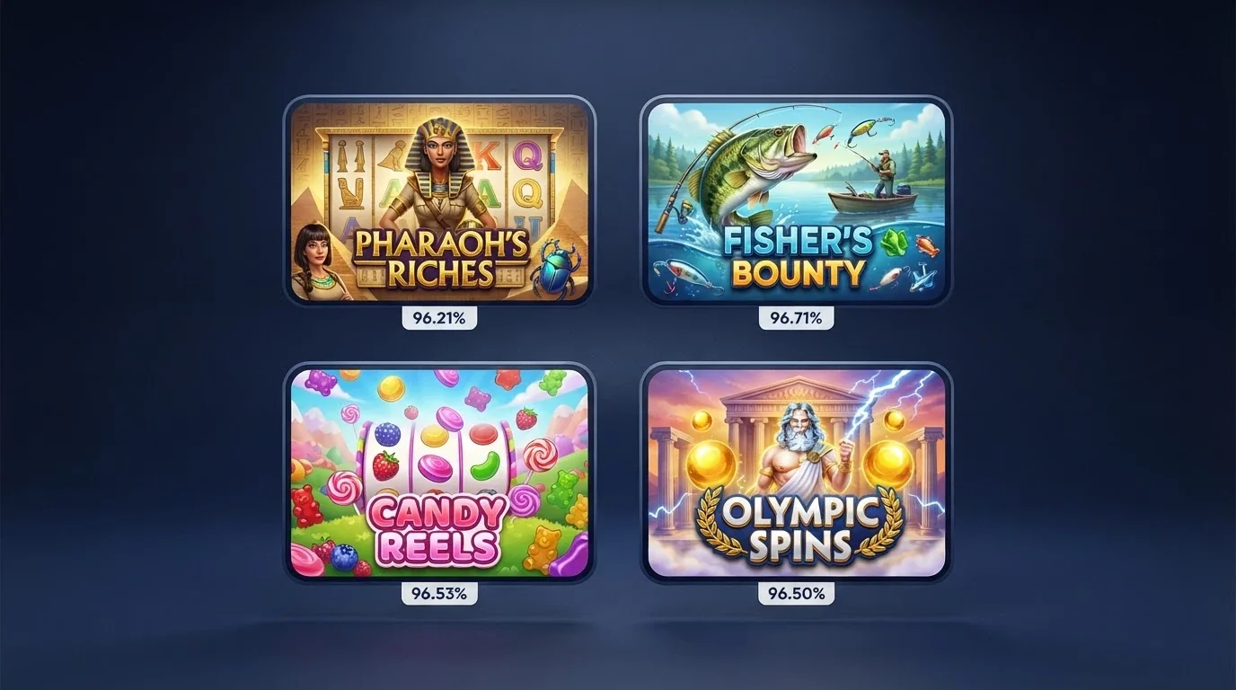 A grid of the four mainstay slot title cards: Book of Dead, Big Bass Splash, Sweet Bonanza 1000, Gates of Olympus 1000, with their RTP percentages beneath each