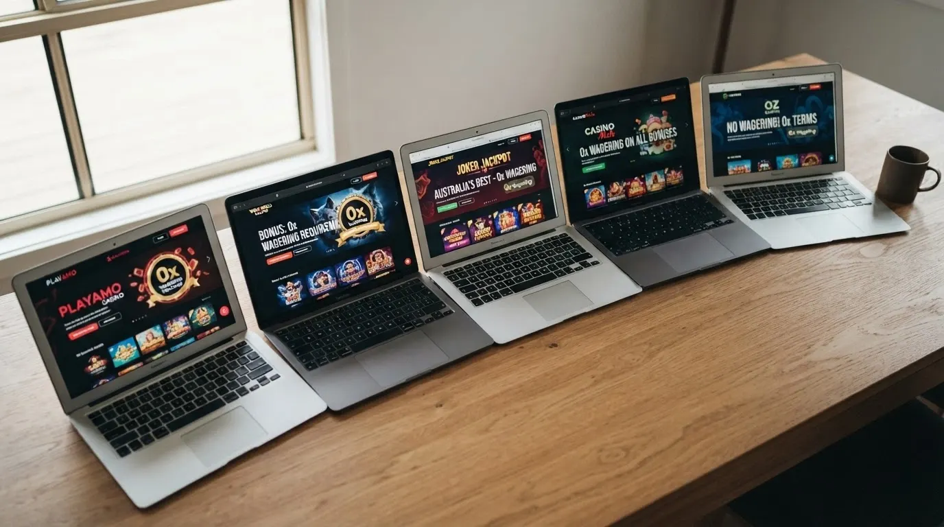 A row of Australian-facing offshore casino homepages with their no-wager bonus badges visible