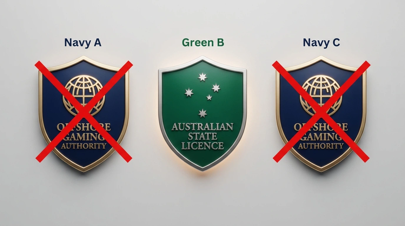 A visual comparison of licence badges — Curaçao eGaming alongside the ACMA logo and an Australian state wagering licence — with a red X over the Curaçao badge next to the Australian ones