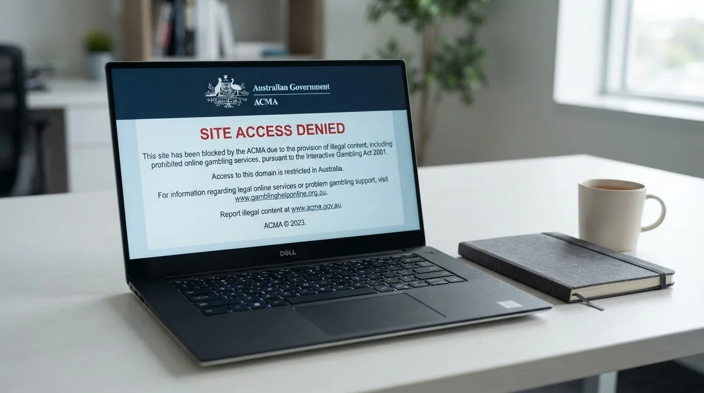 The ACMA website homepage on a laptop screen with the Australian coat of arms and a site-blocking notice visible