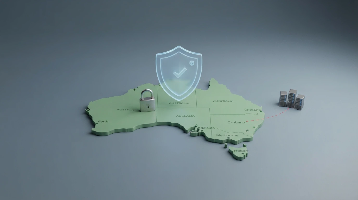 A visual showing the Australian regulatory framework — the ACMA logo, a map marking offshore casino servers outside Australia, and a blocked-website notice
