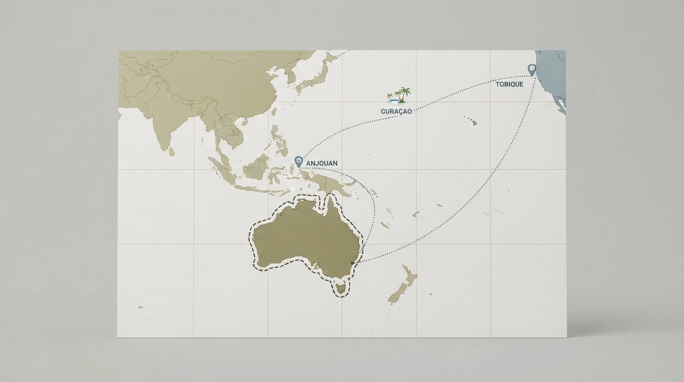 A visual showing the flow of Australian players to offshore casino jurisdictions — Curaçao, Anjouan, Tobique — with the Australian border as a regulatory barrier