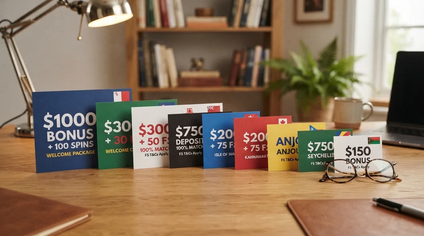 A side-by-side visual of casino welcome-offer banners sorted by bonus value, each with a small flag showing its licence jurisdiction