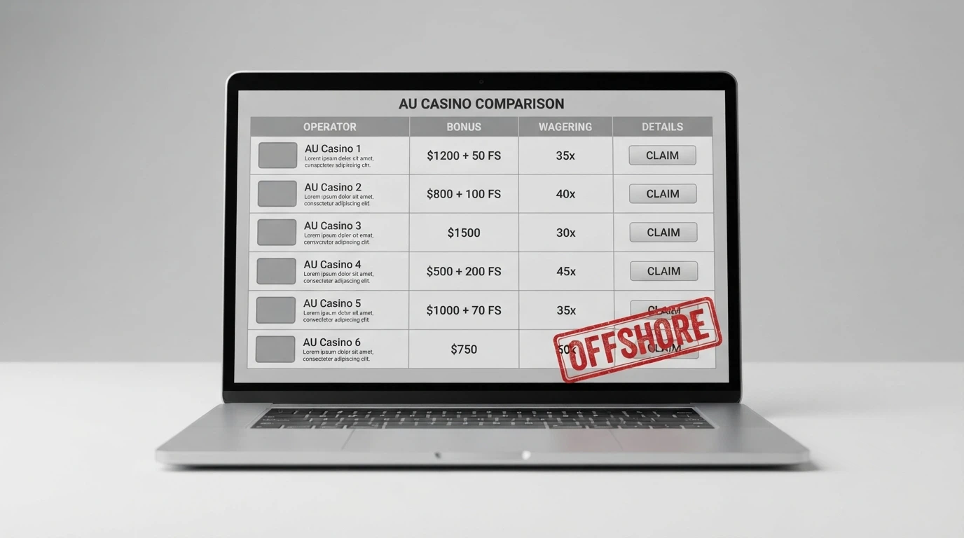 A laptop screen displaying a comparison grid of casino logos, bonus amounts and wagering figures, with a red stamp reading offshore