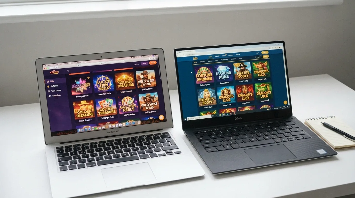 Side-by-side screenshots of offshore casino lobby pages showing pokies categories
