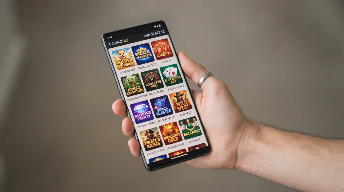 A side-by-side grid of casino lobby screenshots on an Android phone screen, each showing a different operator's game lobby with AUD balances displayed