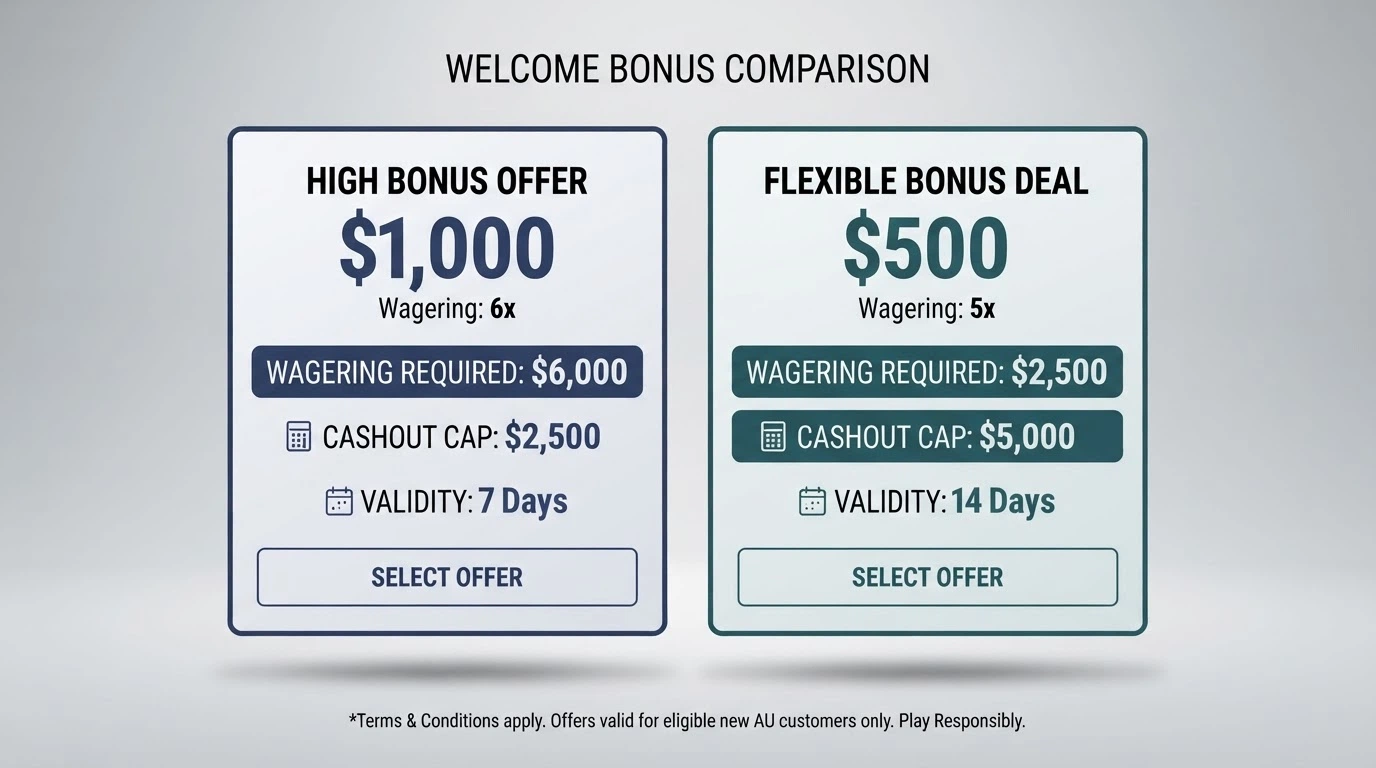 A side-by-side visual of operator bonus-term cards with wagering and cashout figures highlighted