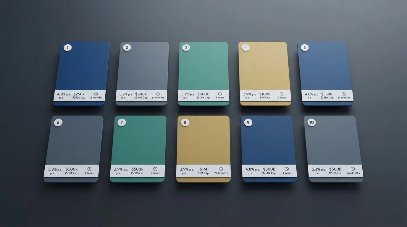 Ten casino brand cards arranged in a comparison layout with bonus-term callouts beneath each