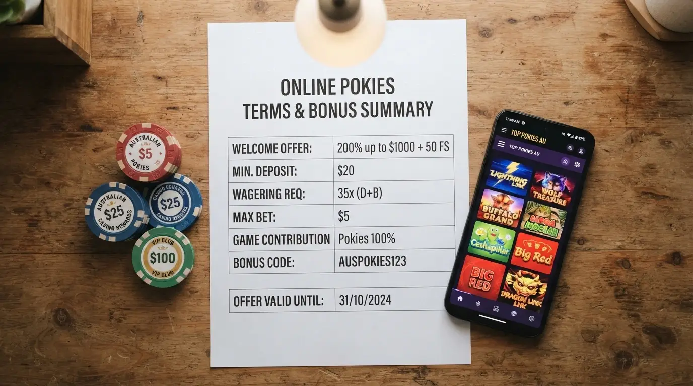 A comparison chart or table laid across a desk beside casino chips and a mobile phone showing a pokies lobby
