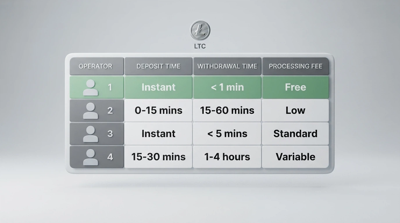A comparison-table visual: operator names in one column, LTC deposit and withdrawal times in adjacent columns, with a green-highlighted fastest row.