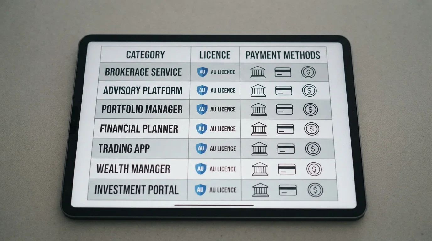 A tablet screen showing a comparison grid of casino operator names beside licence badges and payment-method icons