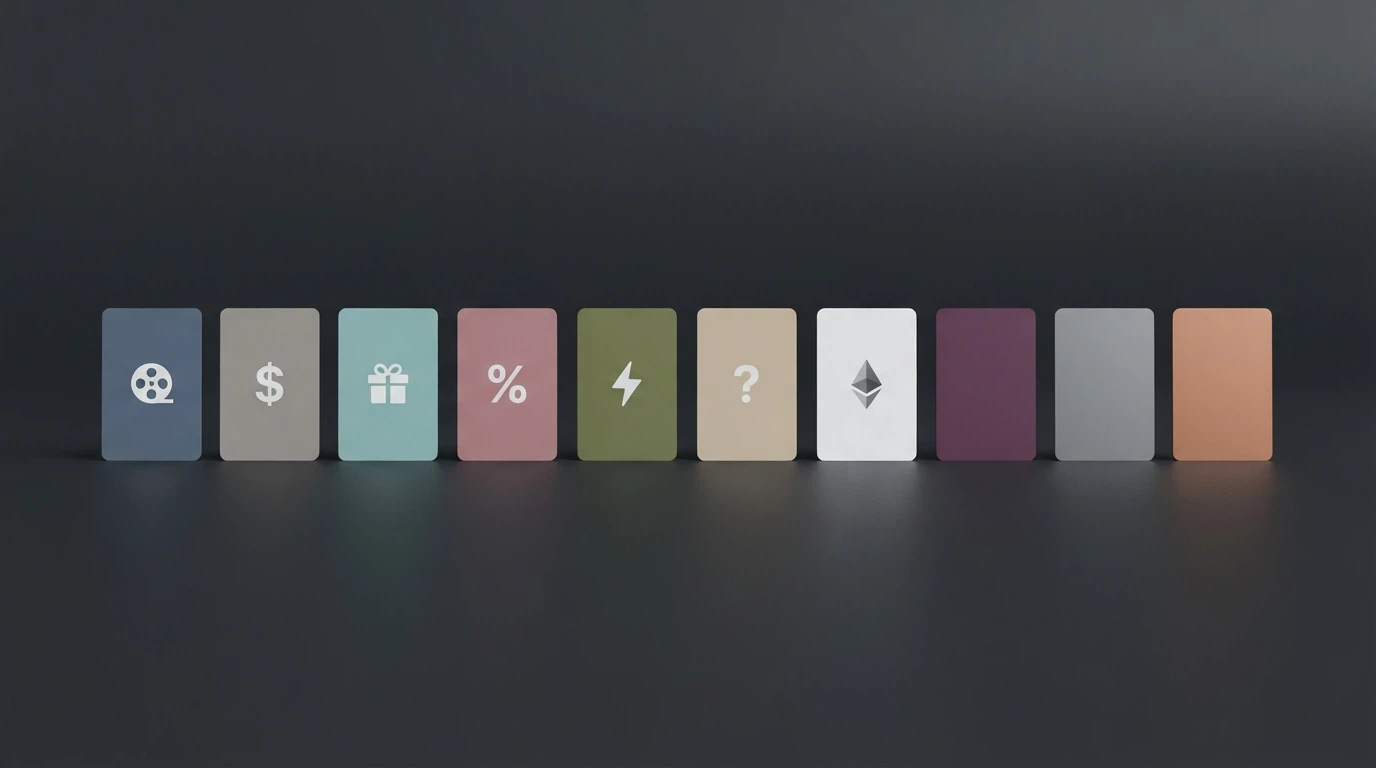 A clean, abstract comparison visual: ten casino-brand cards in a horizontal layout, each showing a different offer structure — deposit-gated spins, no-deposit spins, cash credits, and a blank card for the crypto outlier